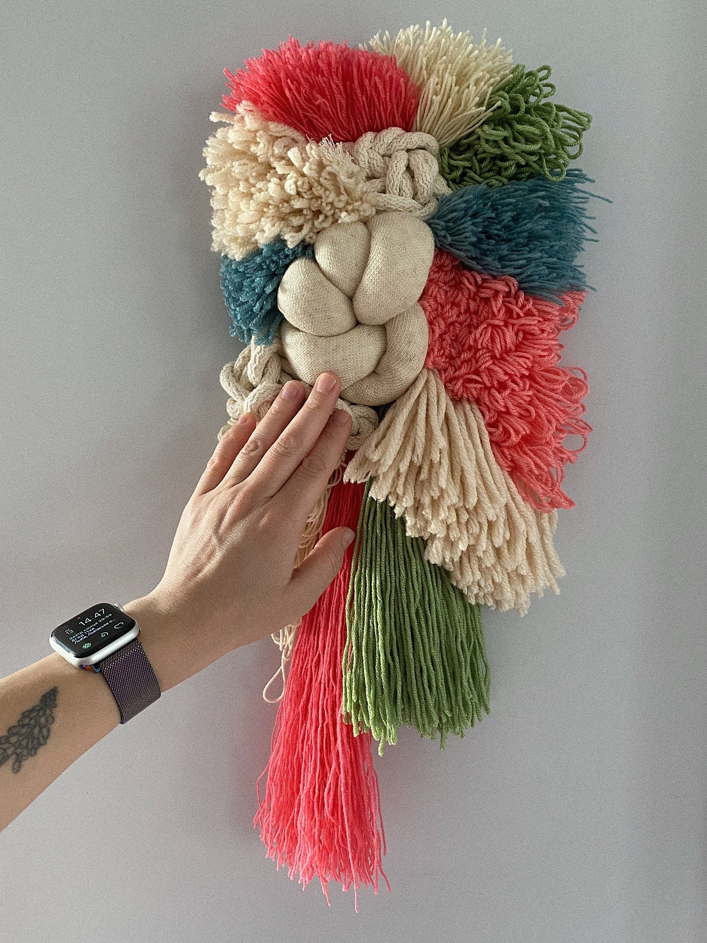 Coral Teal Ivory Woven Wall Hanging – Handmade Fiber Art Decor