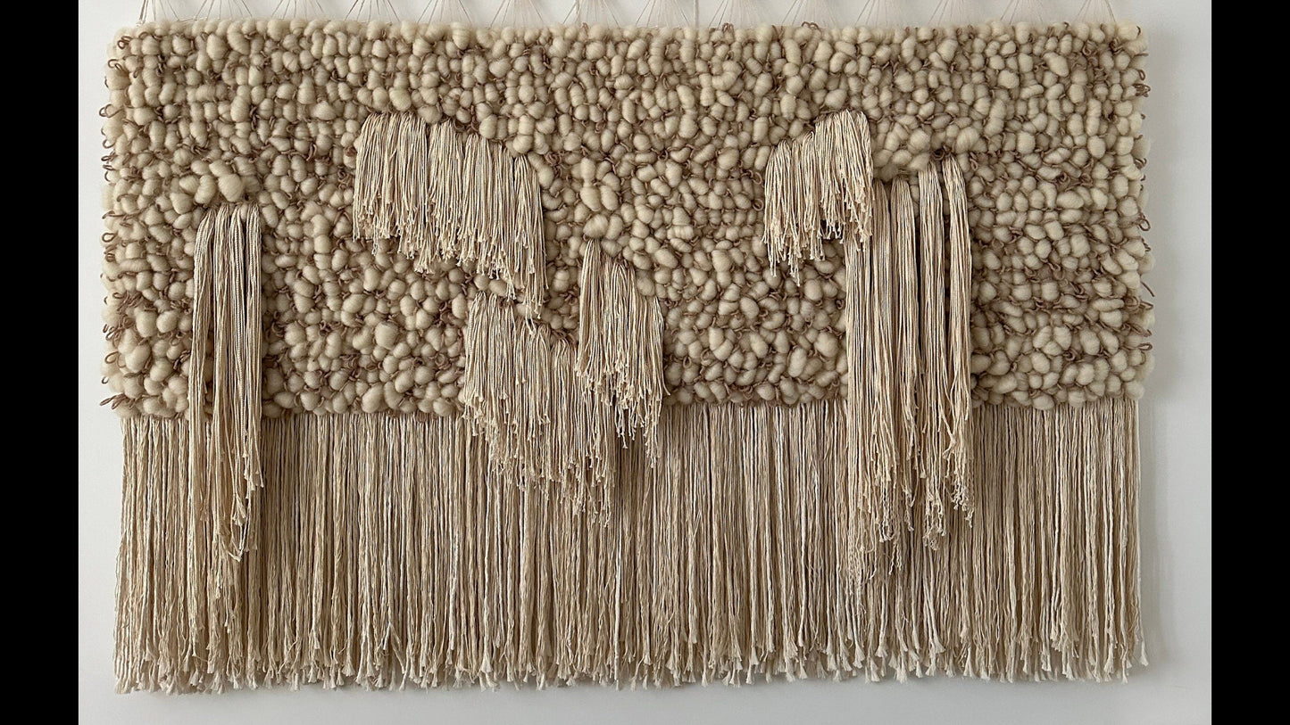 Large Monochrome Wall Hanging – Wool Fiber Art in Ivory & Beige