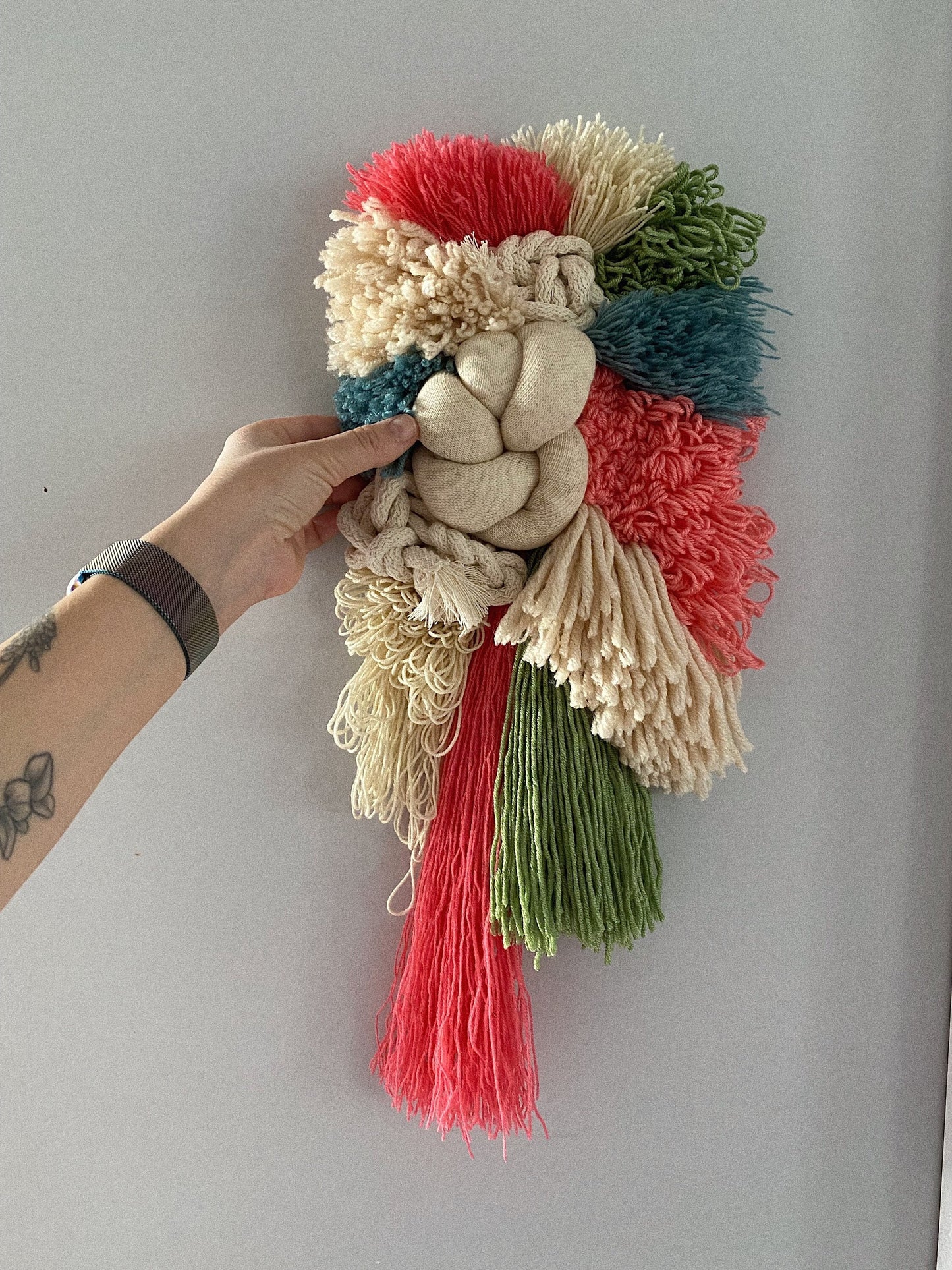Coral Teal Ivory Woven Wall Hanging – Handmade Fiber Art Decor