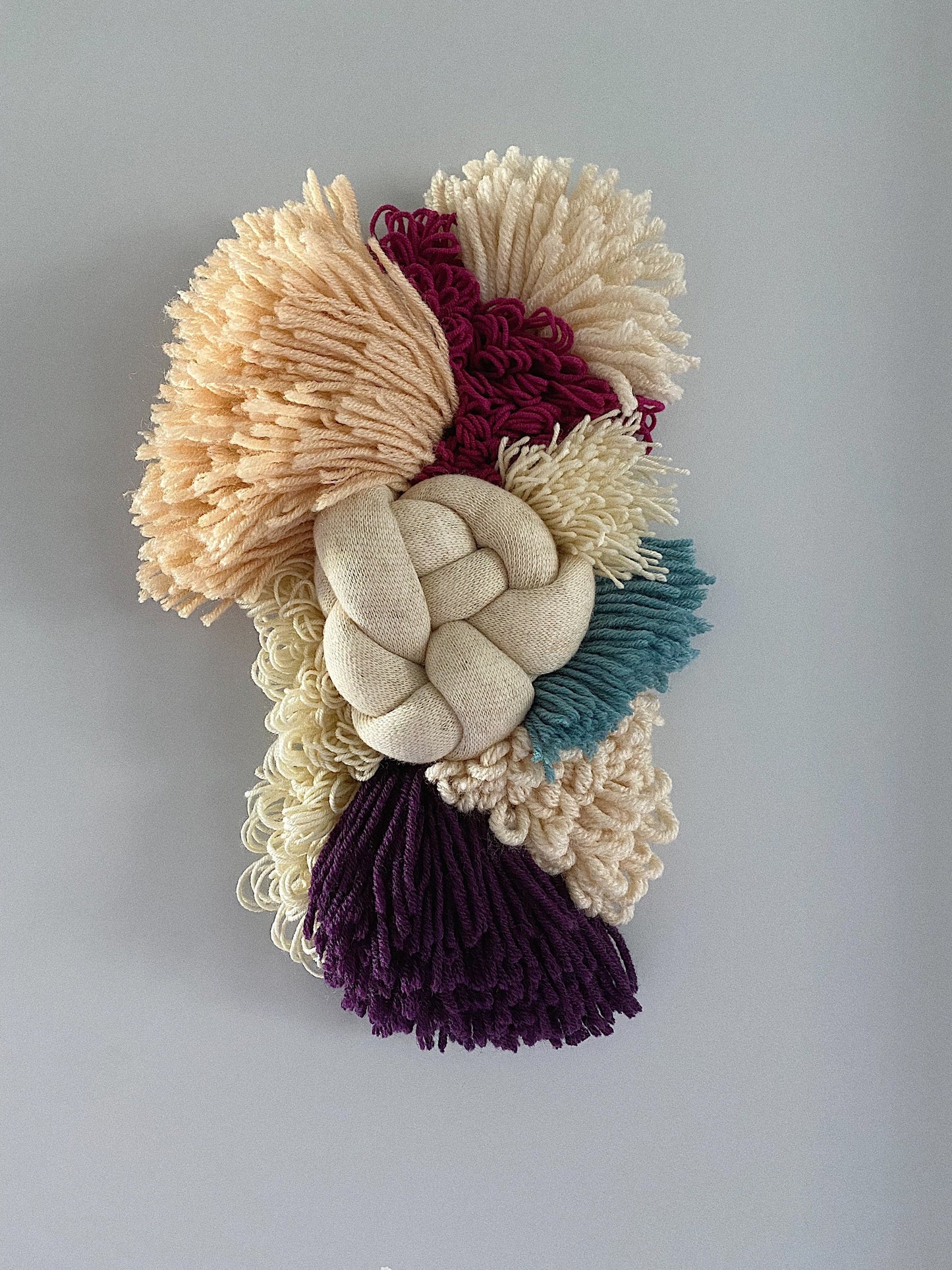 Coral Teal Ivory Burgundy Woven Wall Hanging – Handmade Fiber Art Decor
