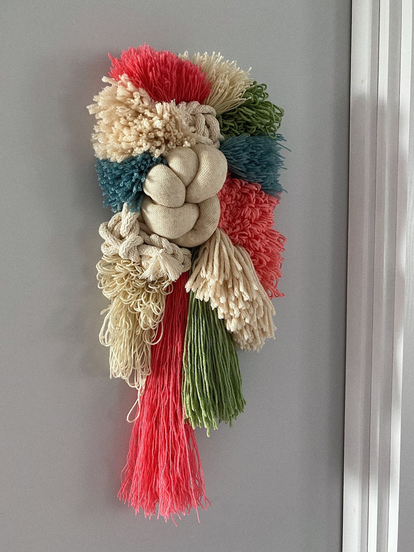 Coral Teal Ivory Woven Wall Hanging – Handmade Fiber Art Decor