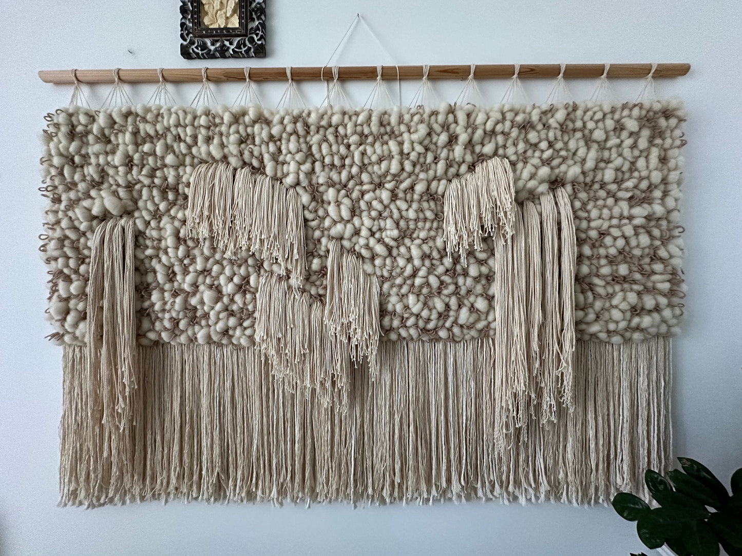 Large Monochrome Wall Hanging – Wool Fiber Art in Ivory & Beige
