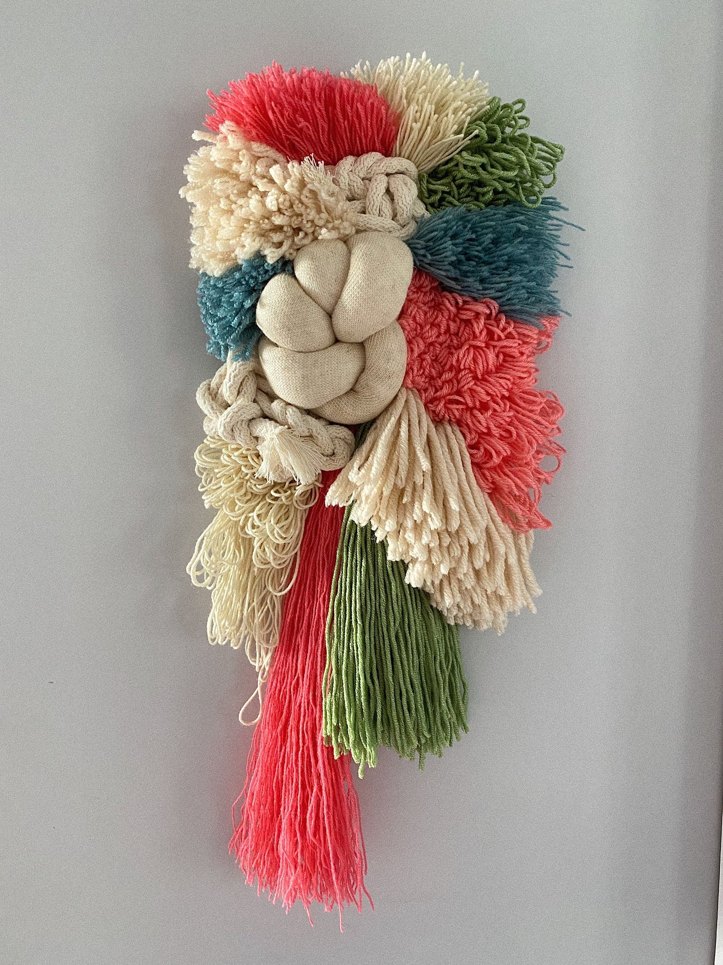 Coral Teal Ivory Woven Wall Hanging – Handmade Fiber Art Decor