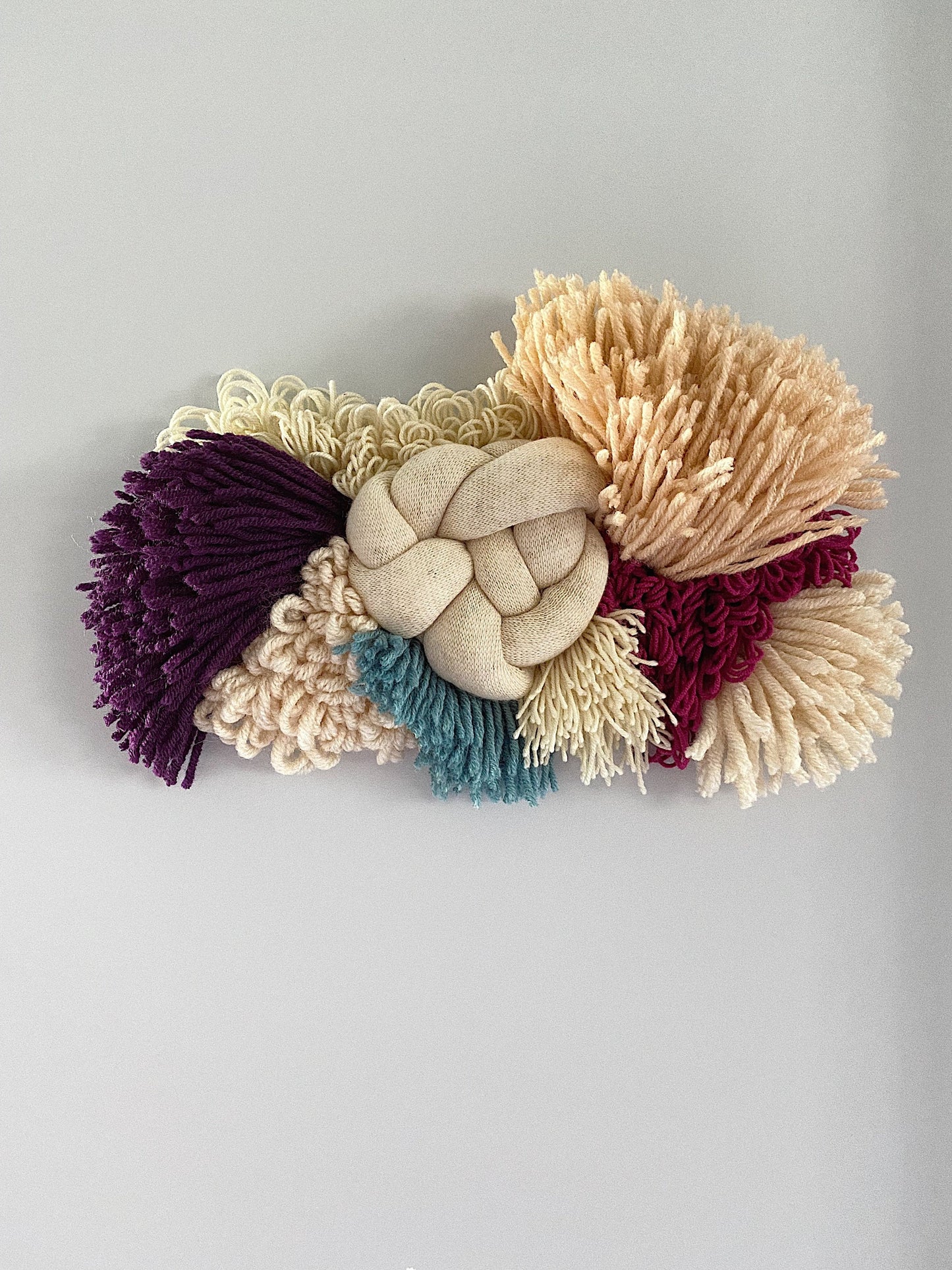 Coral Teal Ivory Burgundy Woven Wall Hanging – Handmade Fiber Art Decor