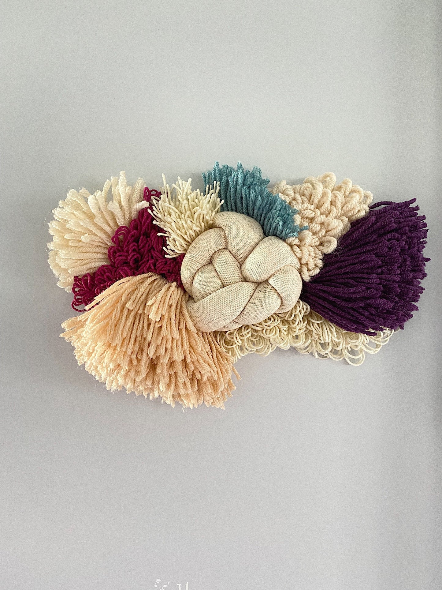Coral Teal Ivory Burgundy Woven Wall Hanging – Handmade Fiber Art Decor