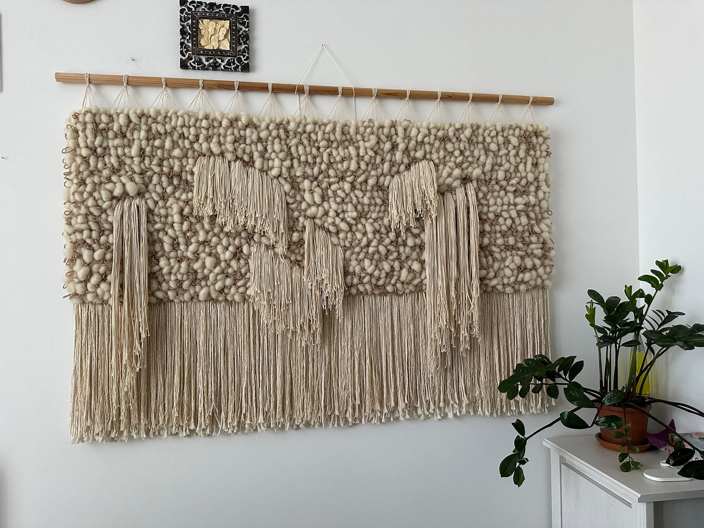 Large Monochrome Wall Hanging – Wool Fiber Art in Ivory & Beige