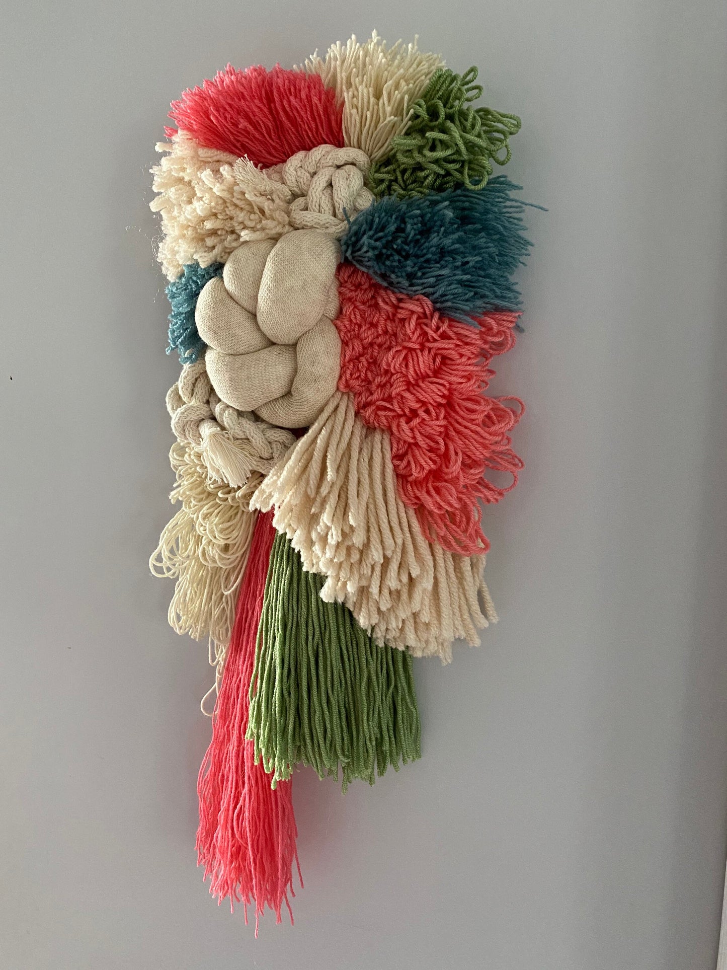 Coral Teal Ivory Woven Wall Hanging – Handmade Fiber Art Decor