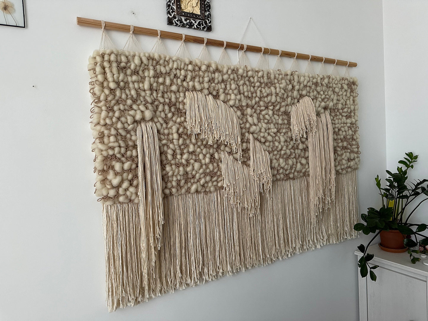 Large Monochrome Wall Hanging – Wool Fiber Art in Ivory & Beige
