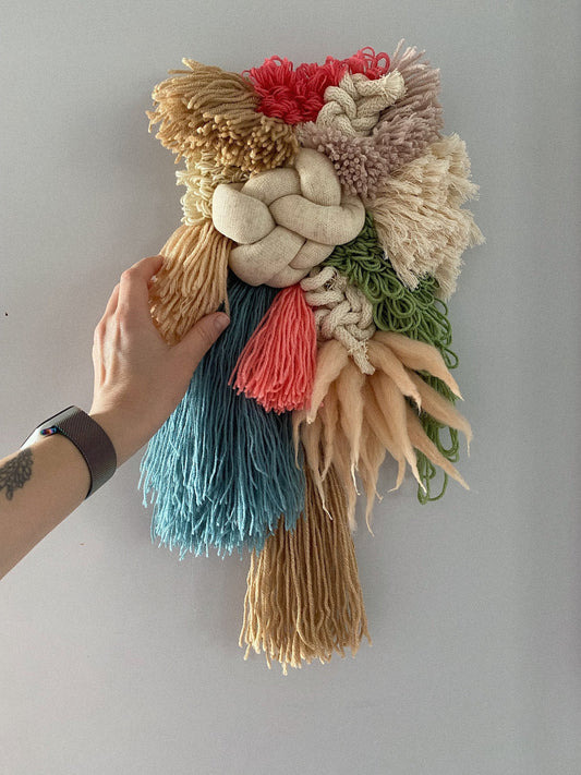 Coral Teal Ivory Woven Wall Hanging – Handmade Fiber Art Decor