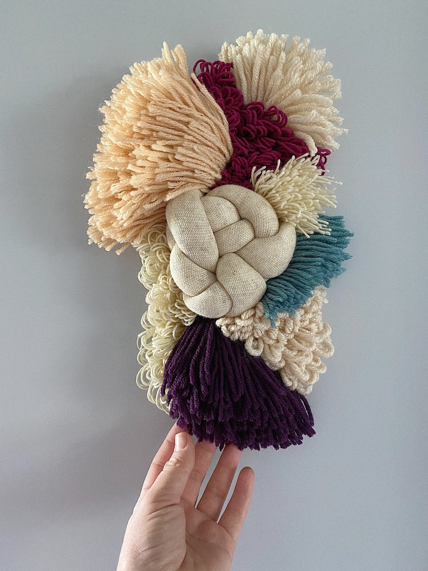 Coral Teal Ivory Burgundy Woven Wall Hanging – Handmade Fiber Art Decor