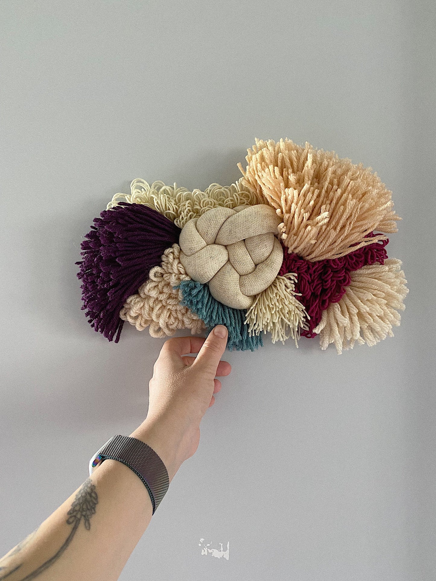 Coral Teal Ivory Burgundy Woven Wall Hanging – Handmade Fiber Art Decor